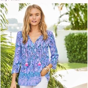 LILLY PULITIZER MARILINA TUNIC Purple Iris Hello Sunshine Engineered Top Tassels